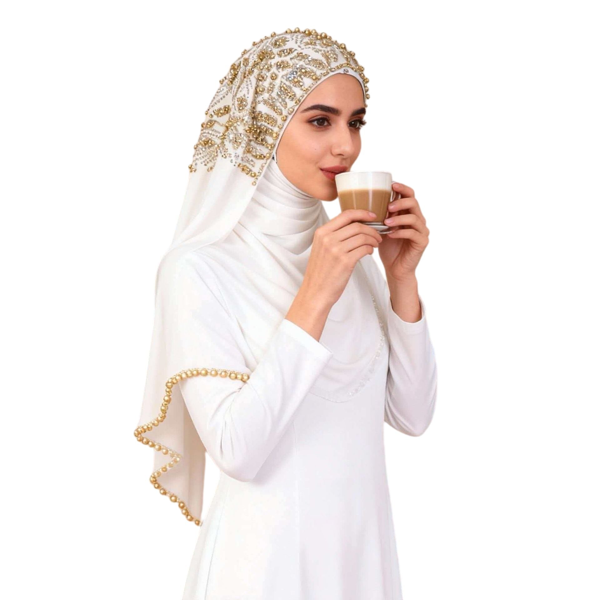 White Pearl Beaded Chiffon Hijab Scarf for Women Long Shawl
