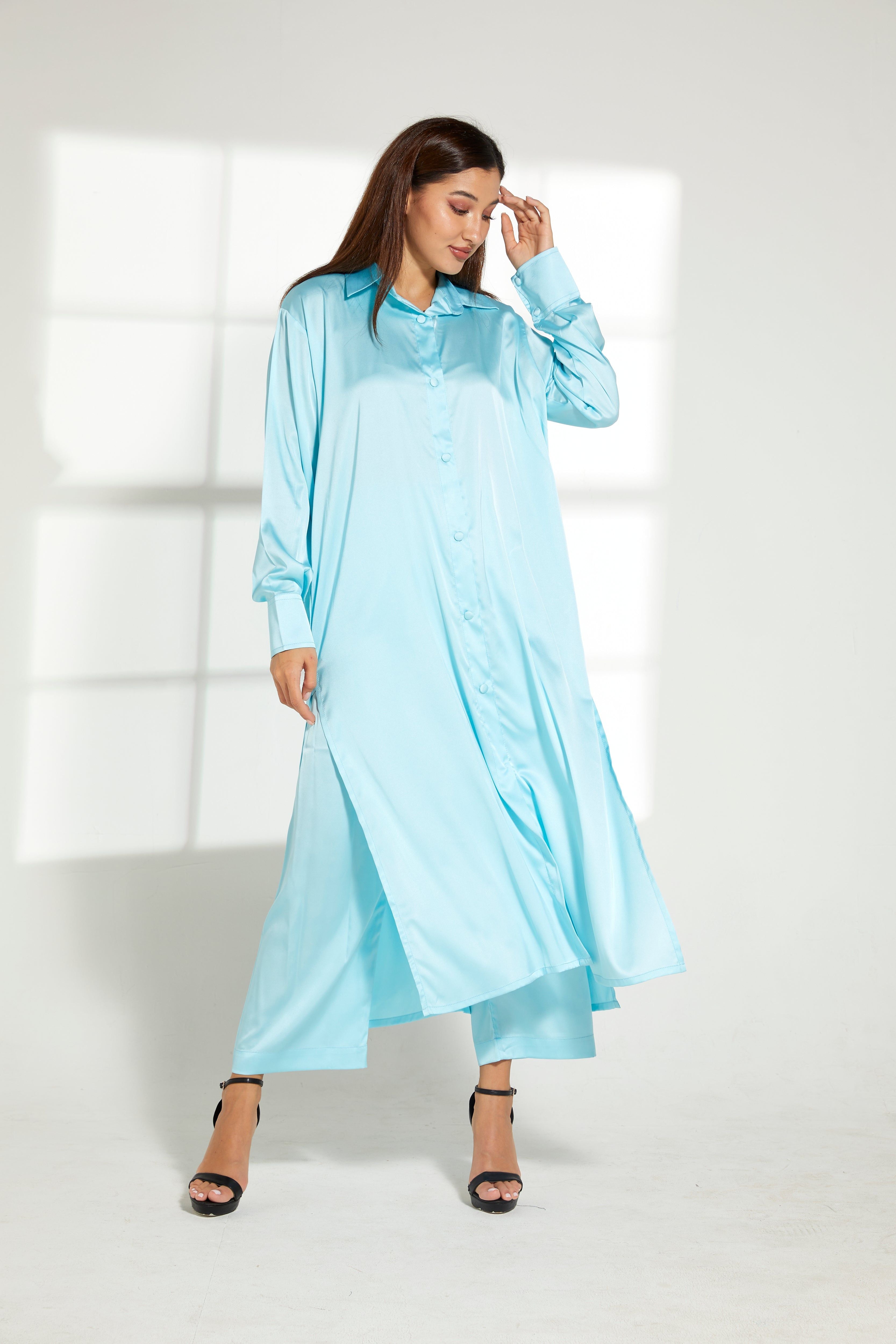 MOiSTREET Turquoise Silk Fabric Top and Pants Set