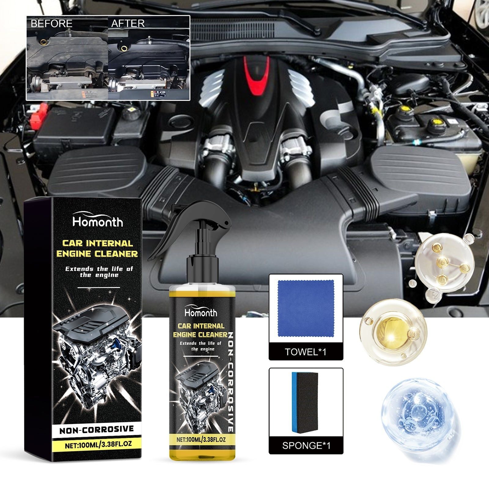 Car Engine Cleaner, Deep Decontamination, Rust Prevention, Mud Free, Automotive Cleaning Solution ,1set