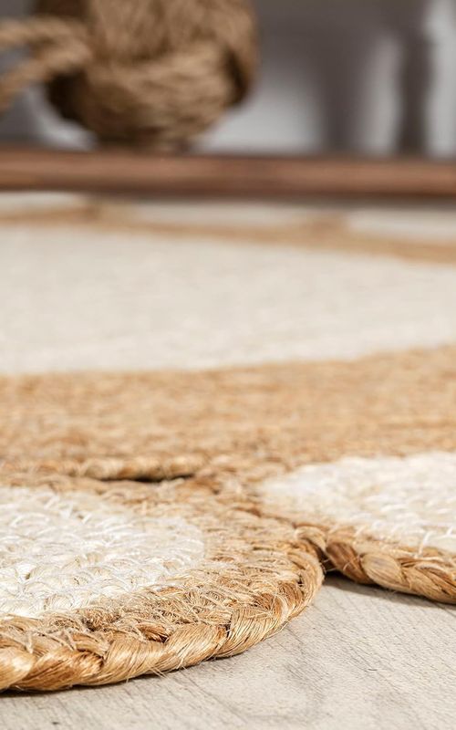 Handmade Round Jute Rug with White Tikki Border | Boho Decorative Area Rug