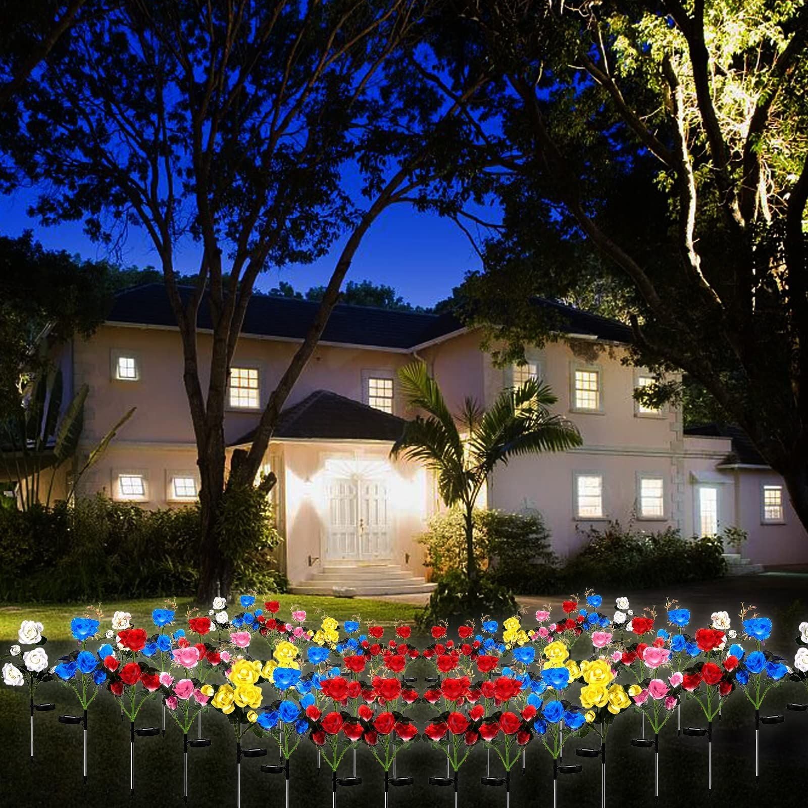 Outdoor Solar Flower Lights 2 Pack 5 Head Artificial Rose LED Lamp Garden Décor