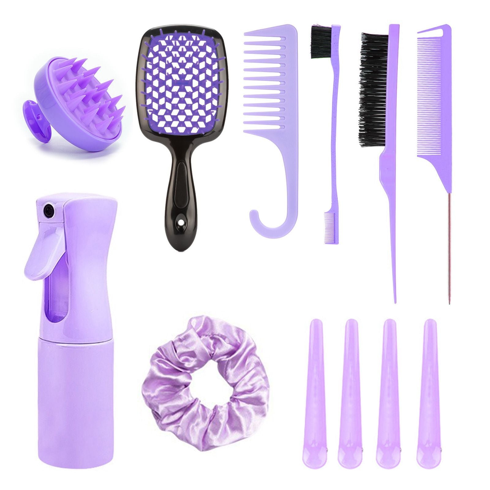 12Pcs Purple Hair Styling Kit with Comb, Brush & Clips
