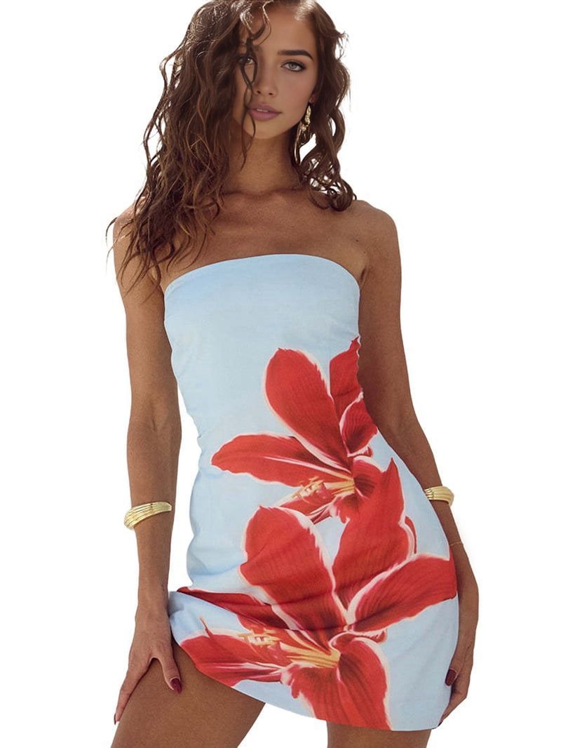 Women Sexy Strapless Floral Print Bodycon Mini Bodycon Dress for Beach Party