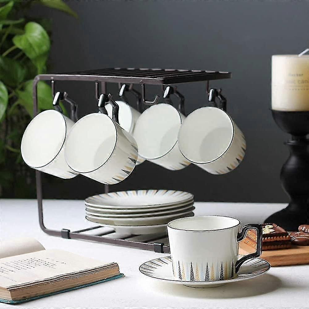 1 Pcs Coffee Cup Holder 6 Hooks Metal Cup Rack Tea Cup Display Stand For 6 Cups Saucer Spoon Sets