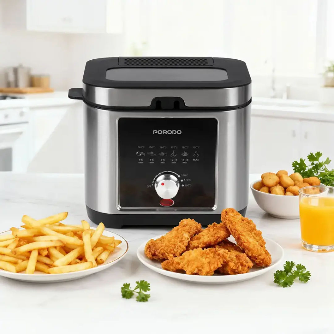Porodo Lifestyle Stainless Steel 2.5L Deep Fryer with Adjustable Temperature & Non-Stick Tray, Silver