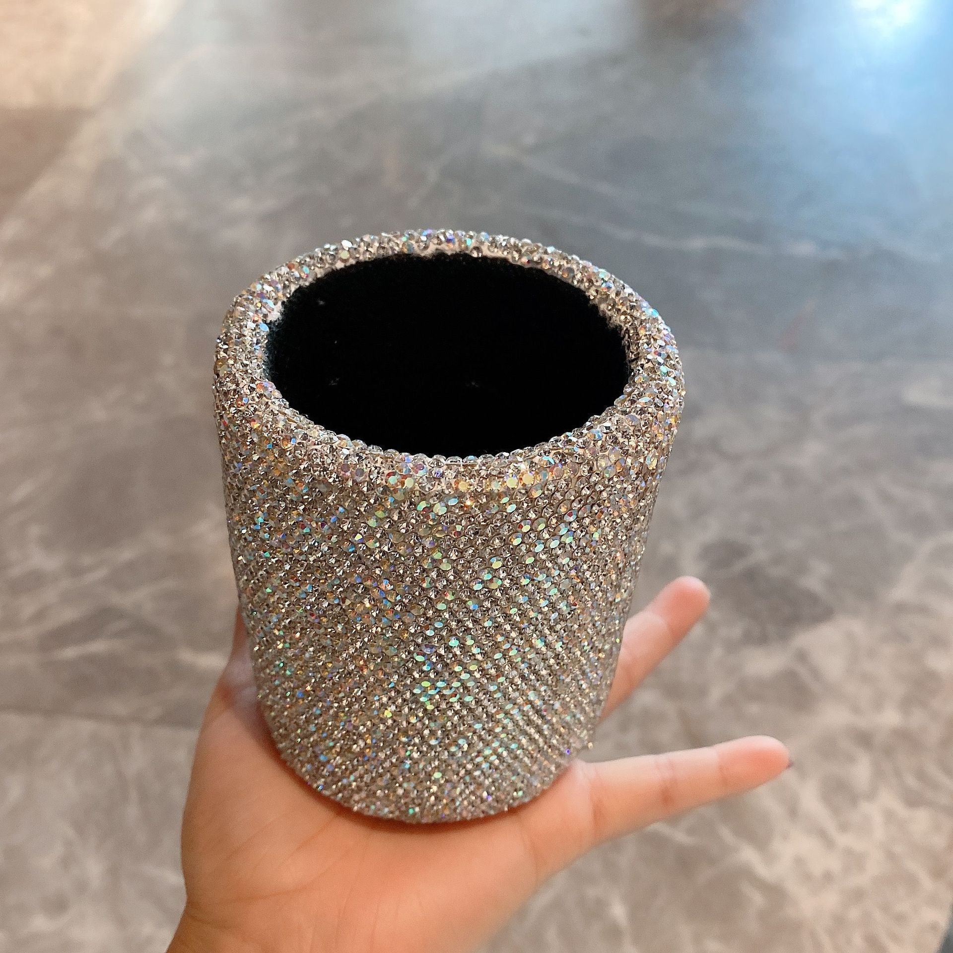 Rhinestone Makeup Brush Holder Pencil Organizer Round Storage Box