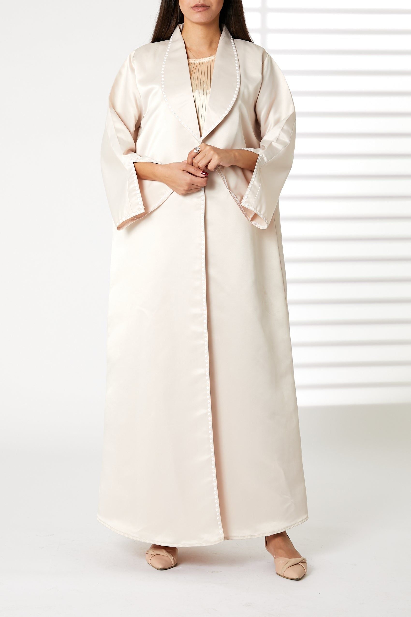 MOiSTREET Pink Bridal Satin Snap-button Embellished Abaya