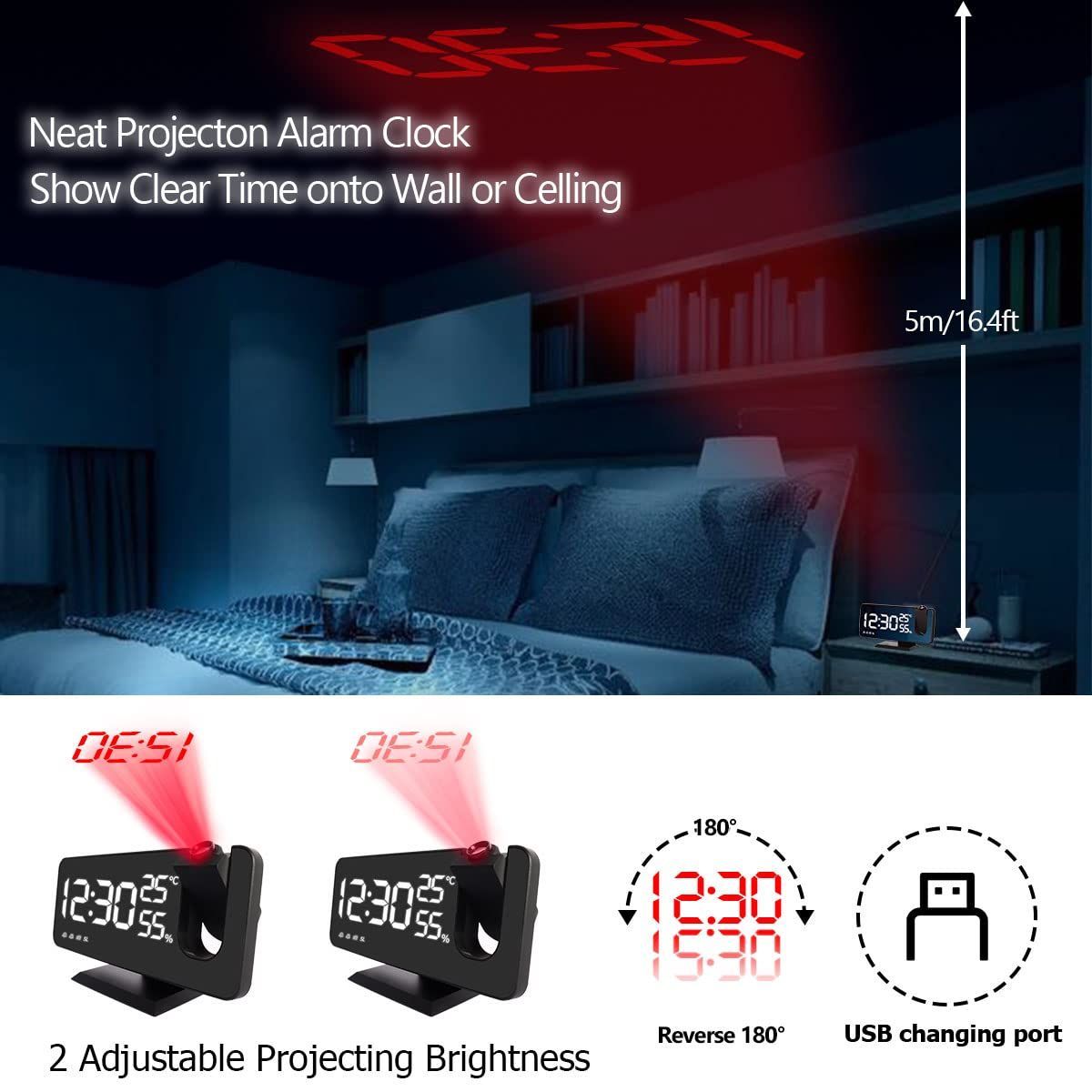 Projection Alarm Clock Digital Radio Alarm Clock With Mirror Surface USB Phone Charger