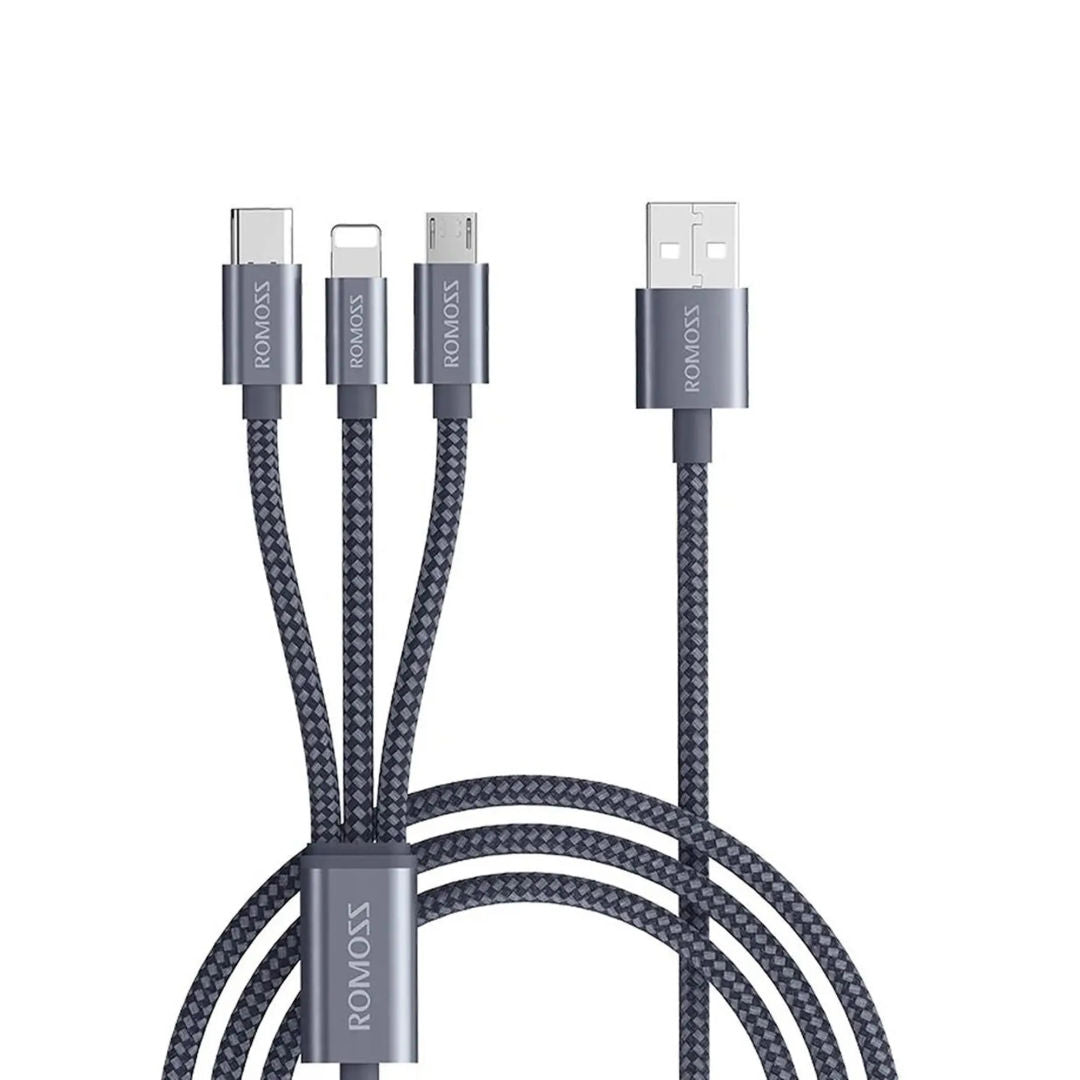 Romoss 3-in-1 USB Lightning + Micro USB + USB Type C Cable, Gray, CB25A