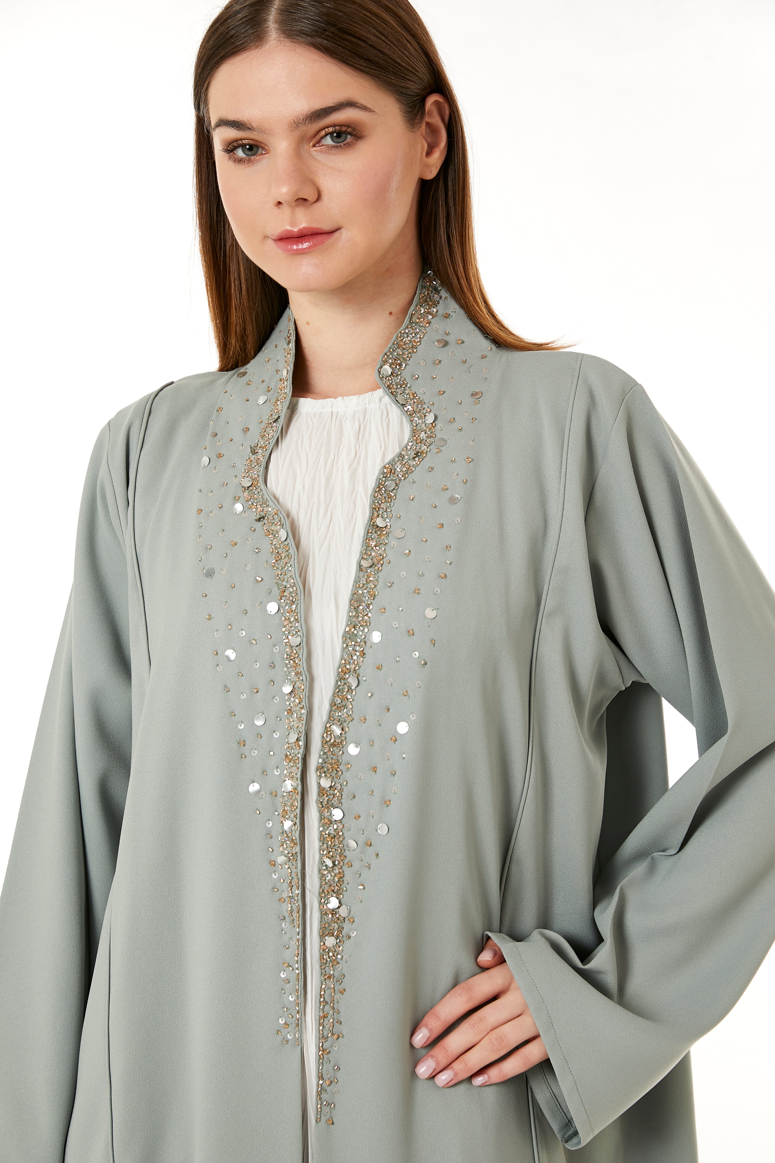 MOiSTREET Grey Indonesian Crepe Hand Embellished Abaya