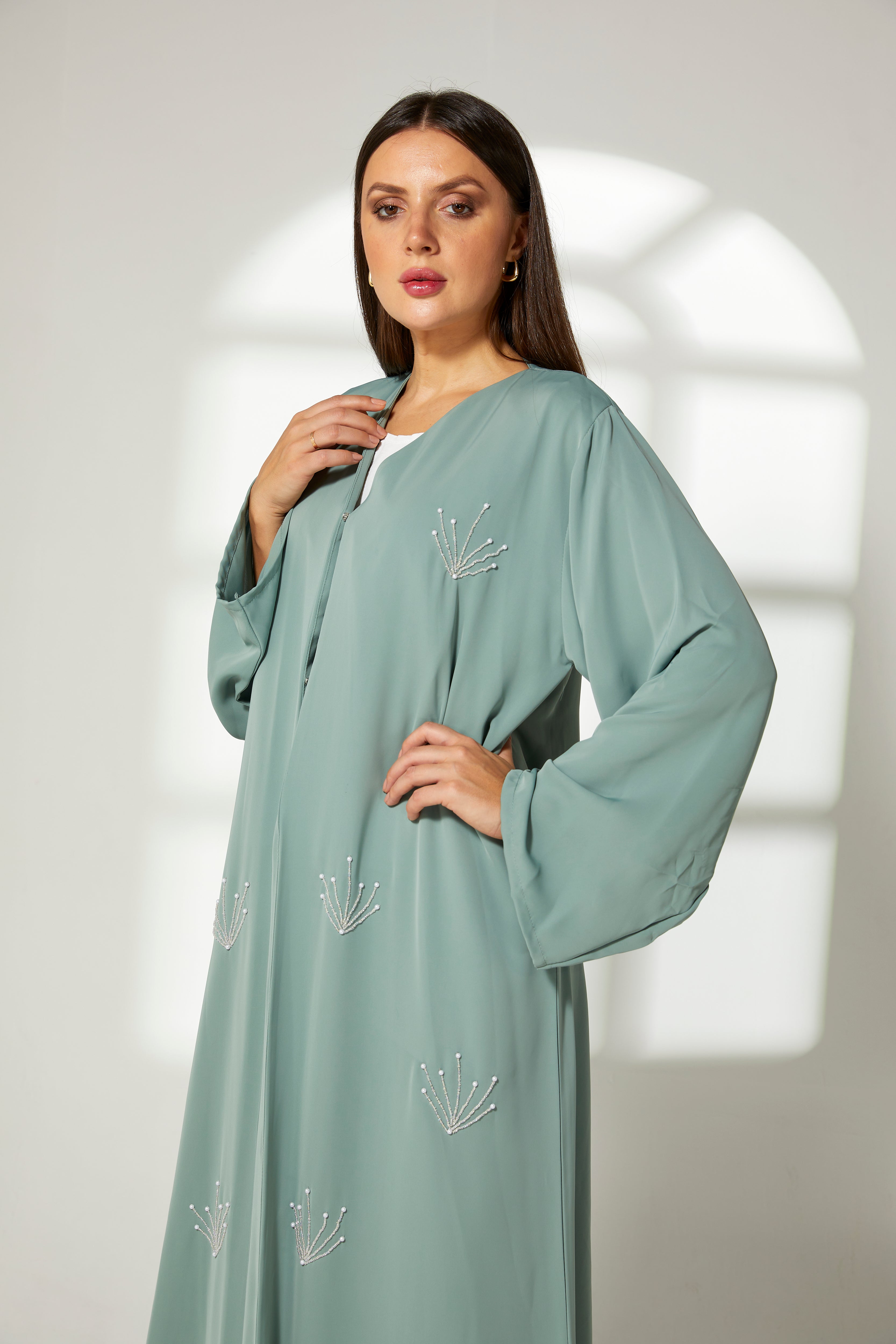 MOiSTREET Sea Green Korean Nida Embroidery Abaya