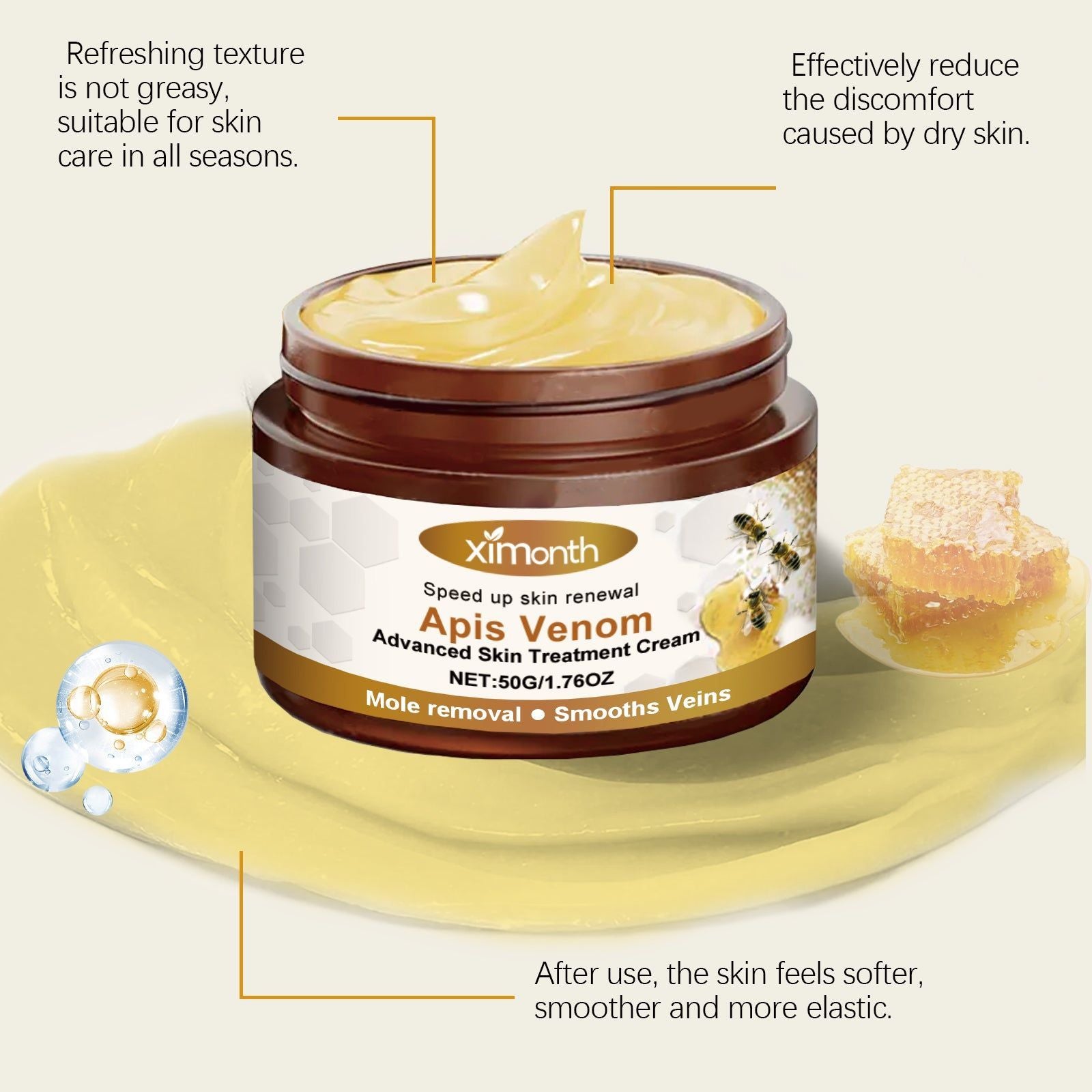 Bee Venom Skin Care Cream, Fast-Absorbing Moisturizer for Legs, Spots, and Blemishes ,50g
