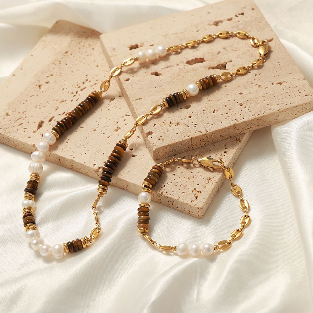 Women Pearl Necklace Bracelet Set Tiger Eye Stone Beaded Chain Jewelry Gifts for Mom Wife