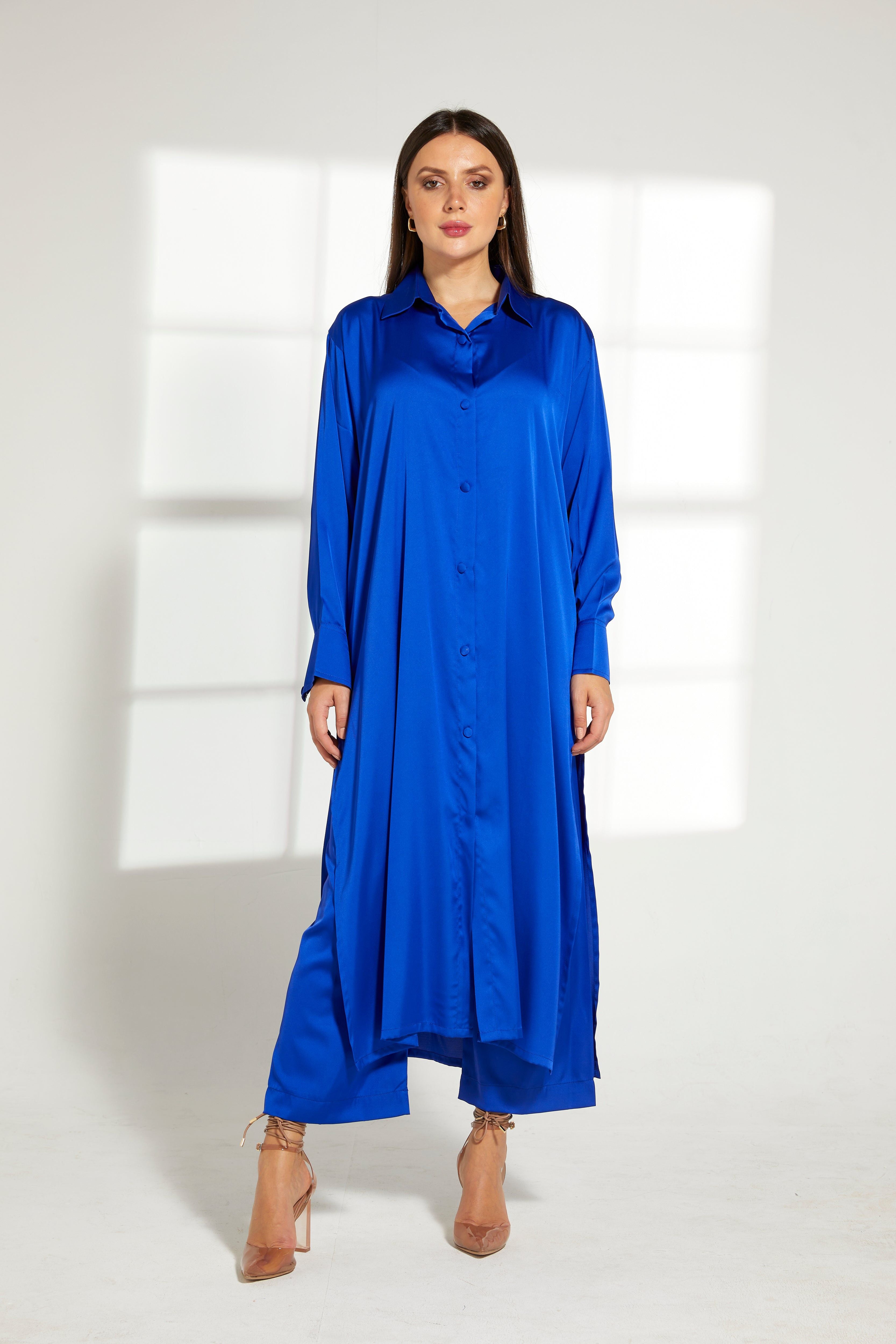MOiSTREET Blue Silk Fabric Top and Pants Set