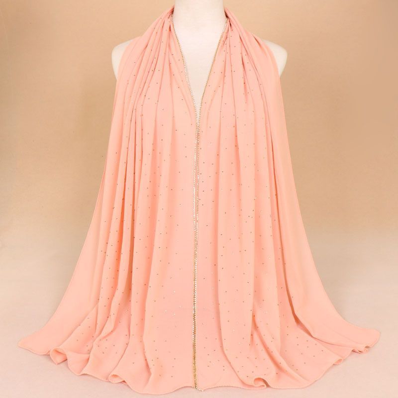 Pink Chiffon Rhinestone Pearl Hijab Scarf for Women