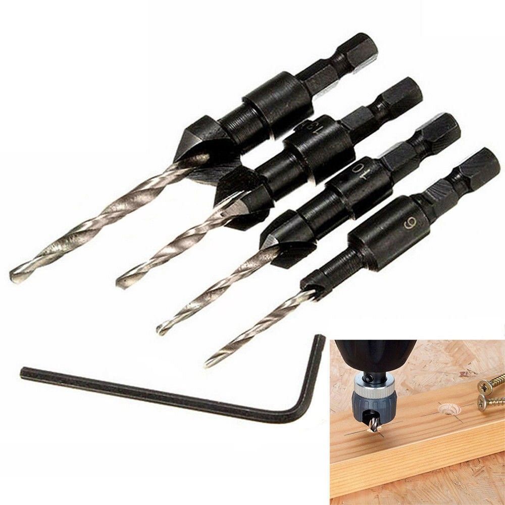 4pcs Wood Countersink Drill Bit Set Woodworking Chamfer Bit Hex Shank Screw Carpentry Tool