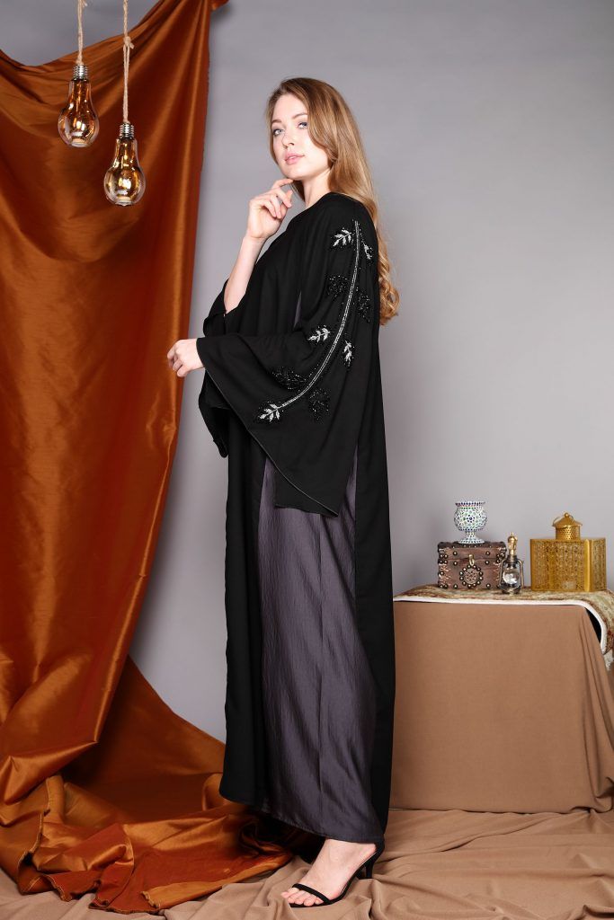 MOiSTREET Black Abaya With Hand Embroidered Sleeves