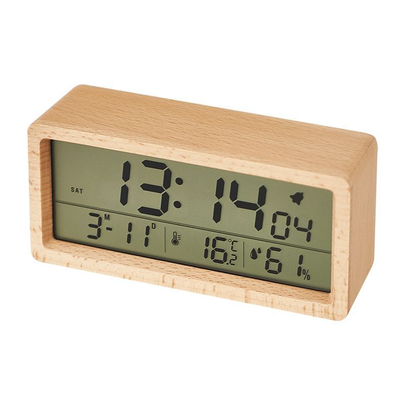 Wood Alarm Clock Humidity Temperature Portable Snooze Bedside Kids Room Table Clocks