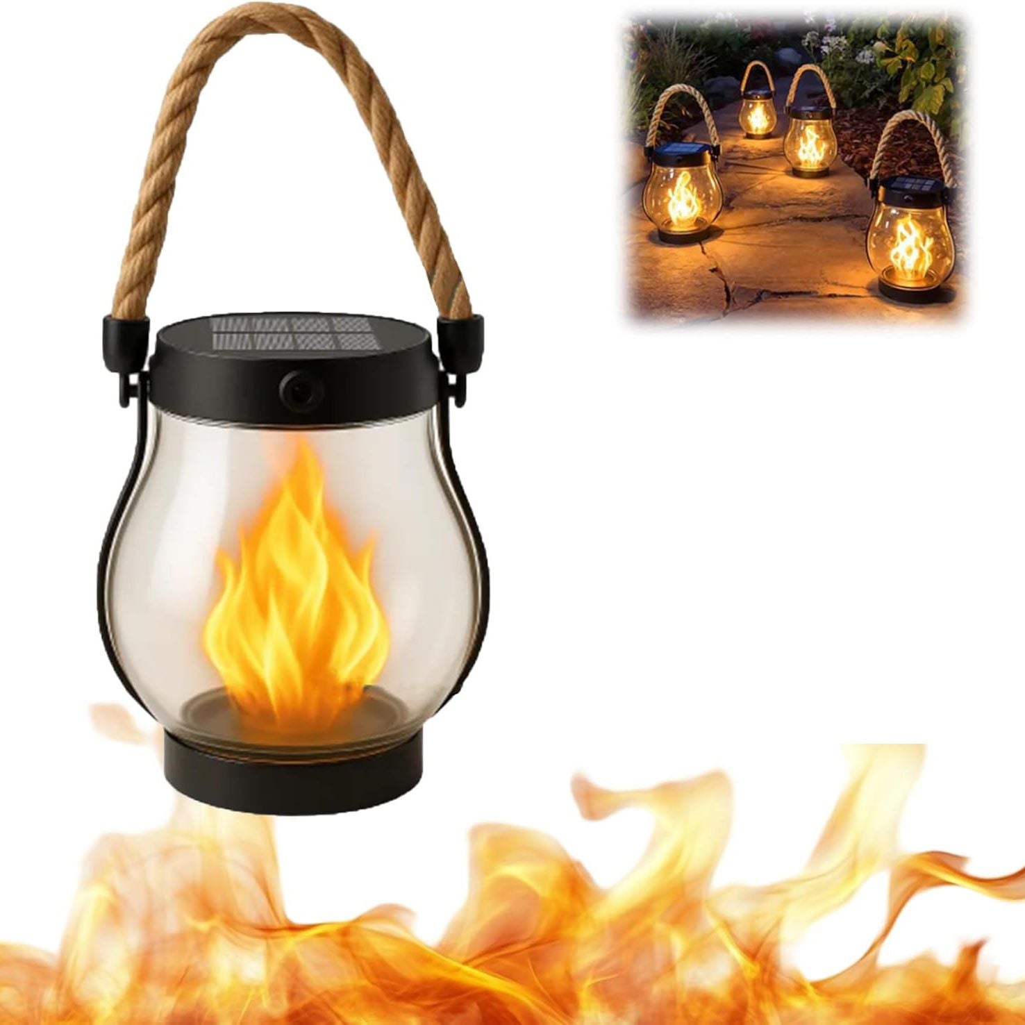 Outdoor Solar Lanterns Dancing Flame Solar Lantern Waterproof Hemp Rope Outdoor Lights