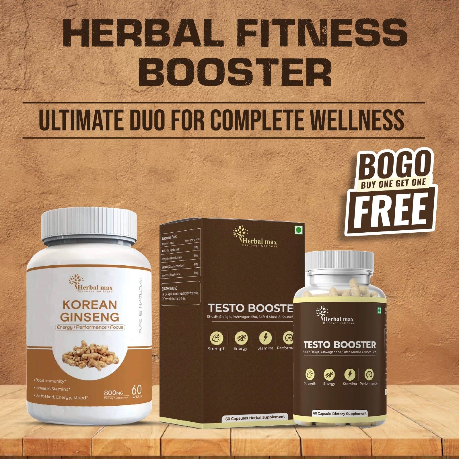 Herbal Max Men's & Women's Korean Ginseng + Herbal Max Testo Booster (Buy 1 Get 1)