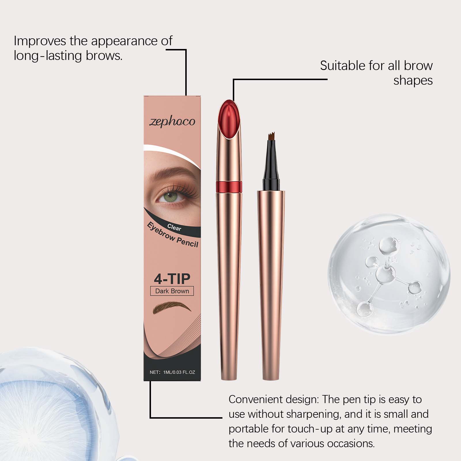 Dark Brown Eyebrow Pencil, Waterproof, Long-Lasting, Perfect for Modifying Eyebrows ,1ml