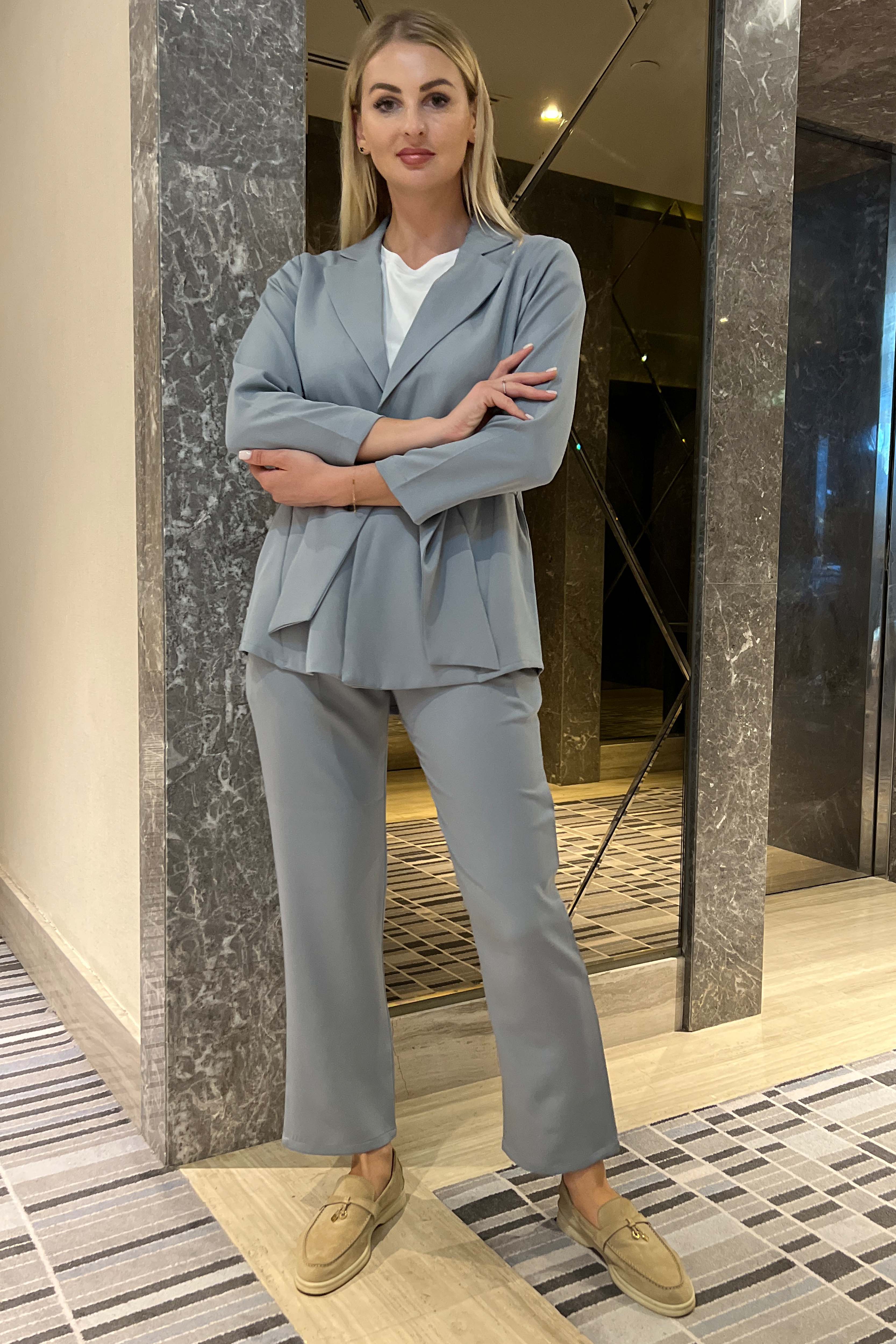 MOiSTREET Bluish Cyan  Barbie Crepe Fabric Blazer and Pants Set