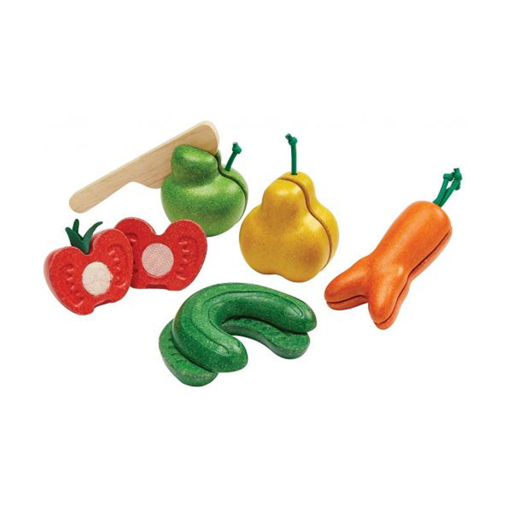 PlanToys: مجموعة الفواكه والخضروات غير المتناسقة — أطعمة خشبية للعب التخيلي
