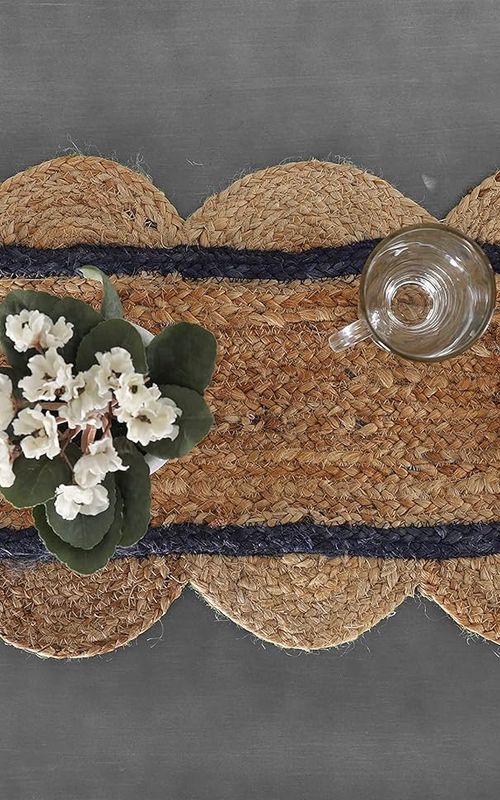 Indian Handmade Scalloped Natural Jute With Blue Border Dining Table Runner
