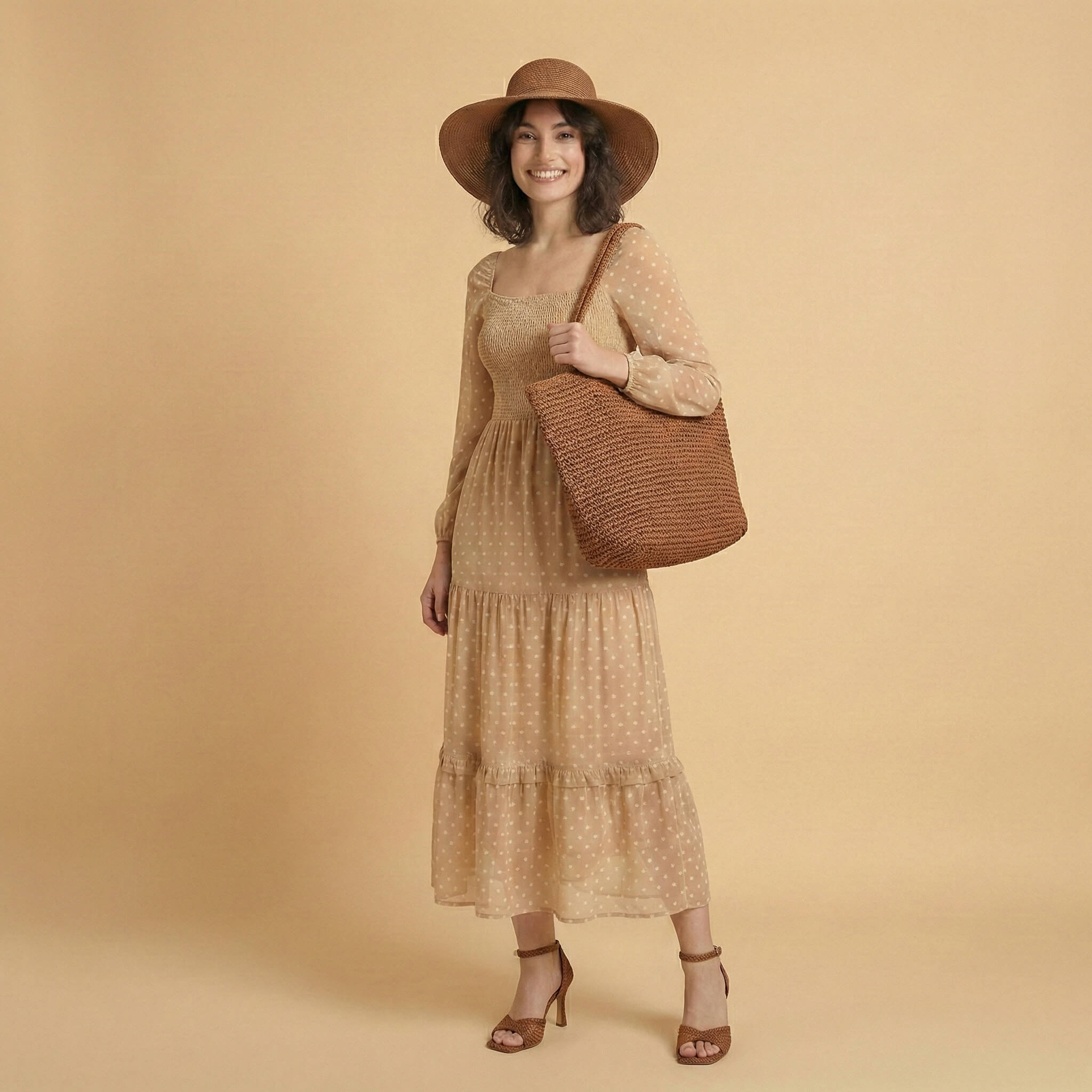 Anthropologie Beige Polka Dress