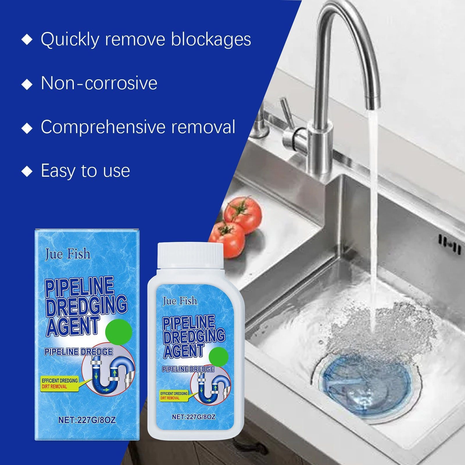 Fast Acting Pipe Unclogging Powder, Odor Eliminator, Kitchen and Toilet Drain Cleaner ,227g