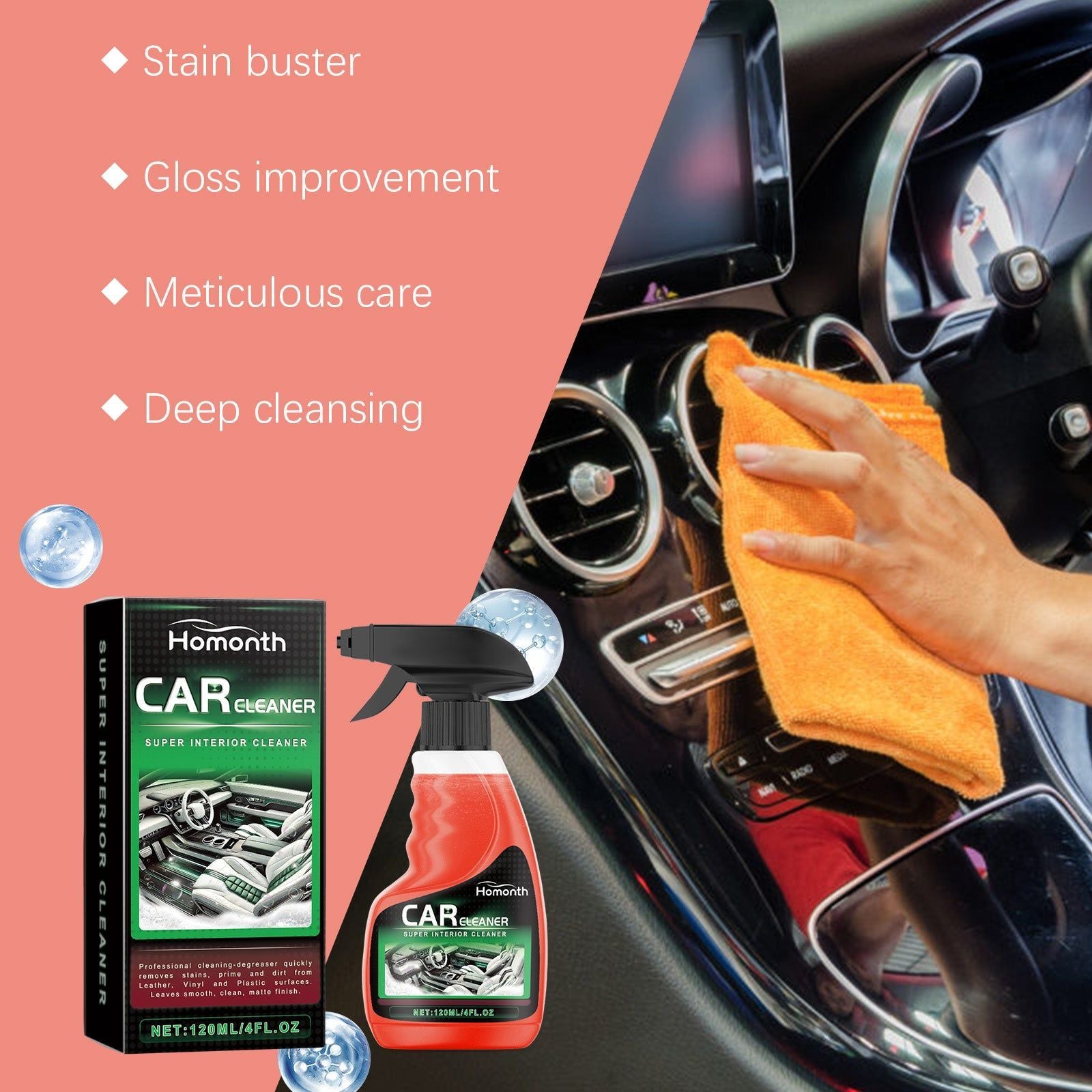 Car Interior Cleaner, Deep Cleaning, Waterproof, Stain Remover, Car Detailing ,120ml