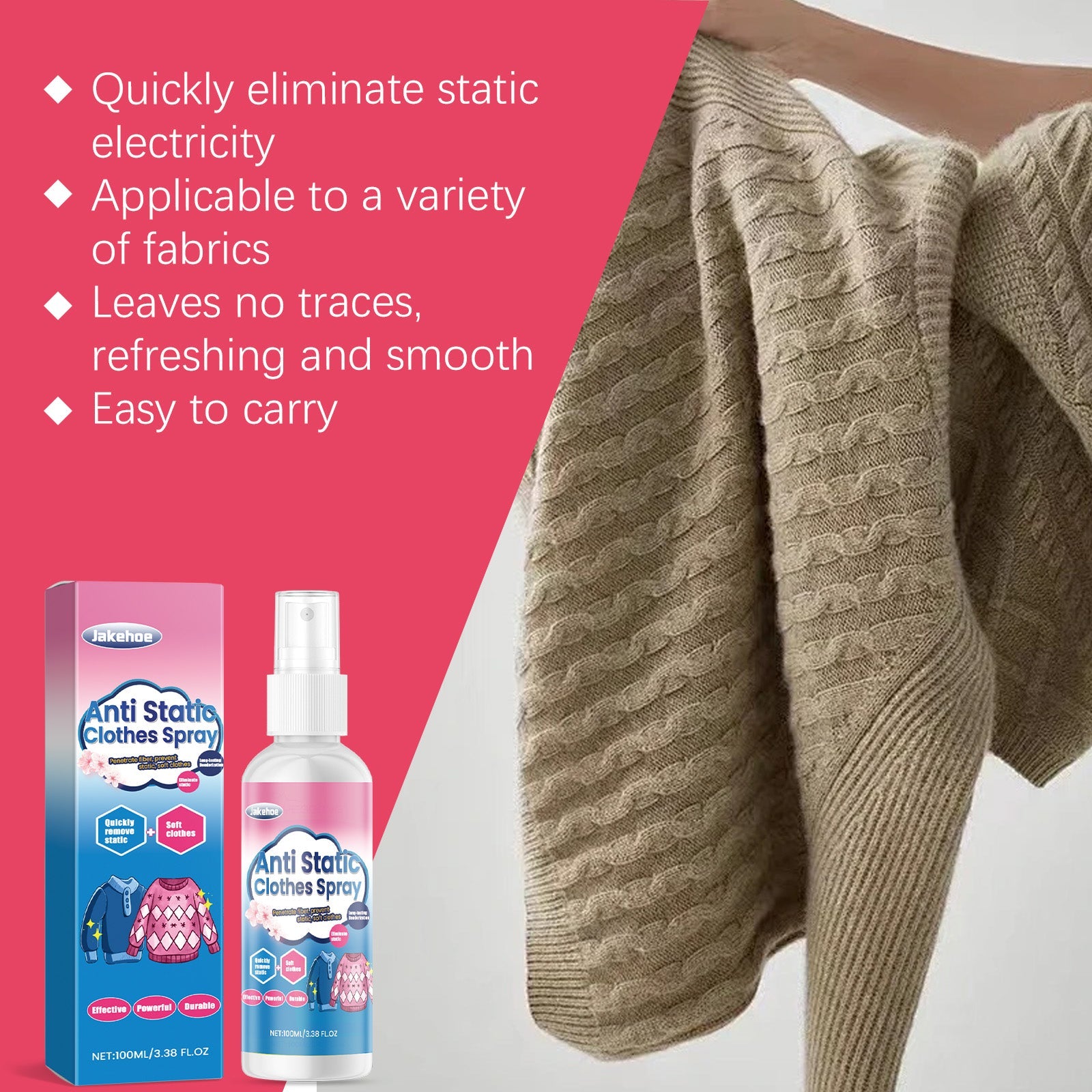Anti-Static Wrinkle Spray, Soft and Comfortable, Static-Free Clothes, Quick Wrinkle Removal ,100ml