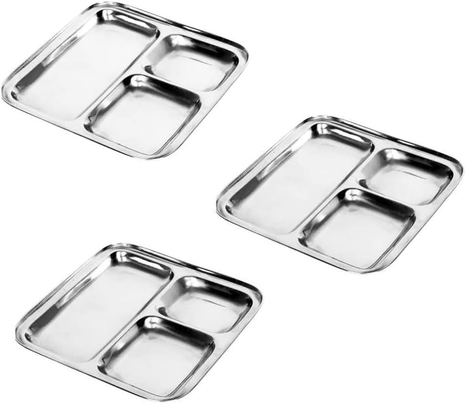 Set of 3 Stainless Steel Square Compartment Dinner Plates