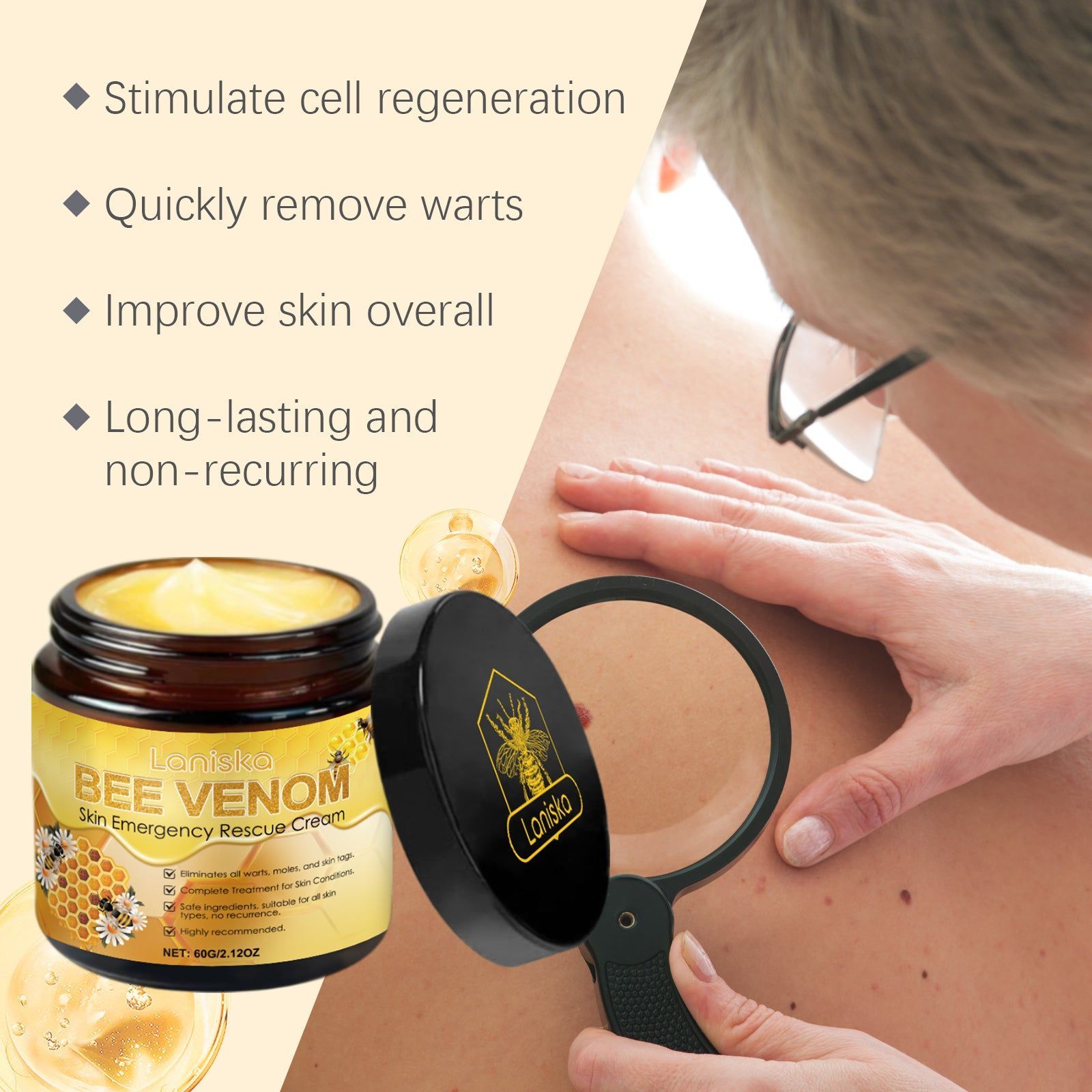 Bee Venom Skin Care Cream, Gentle Moisturizer, Wart Remover, Natural Skin Care ,60g
