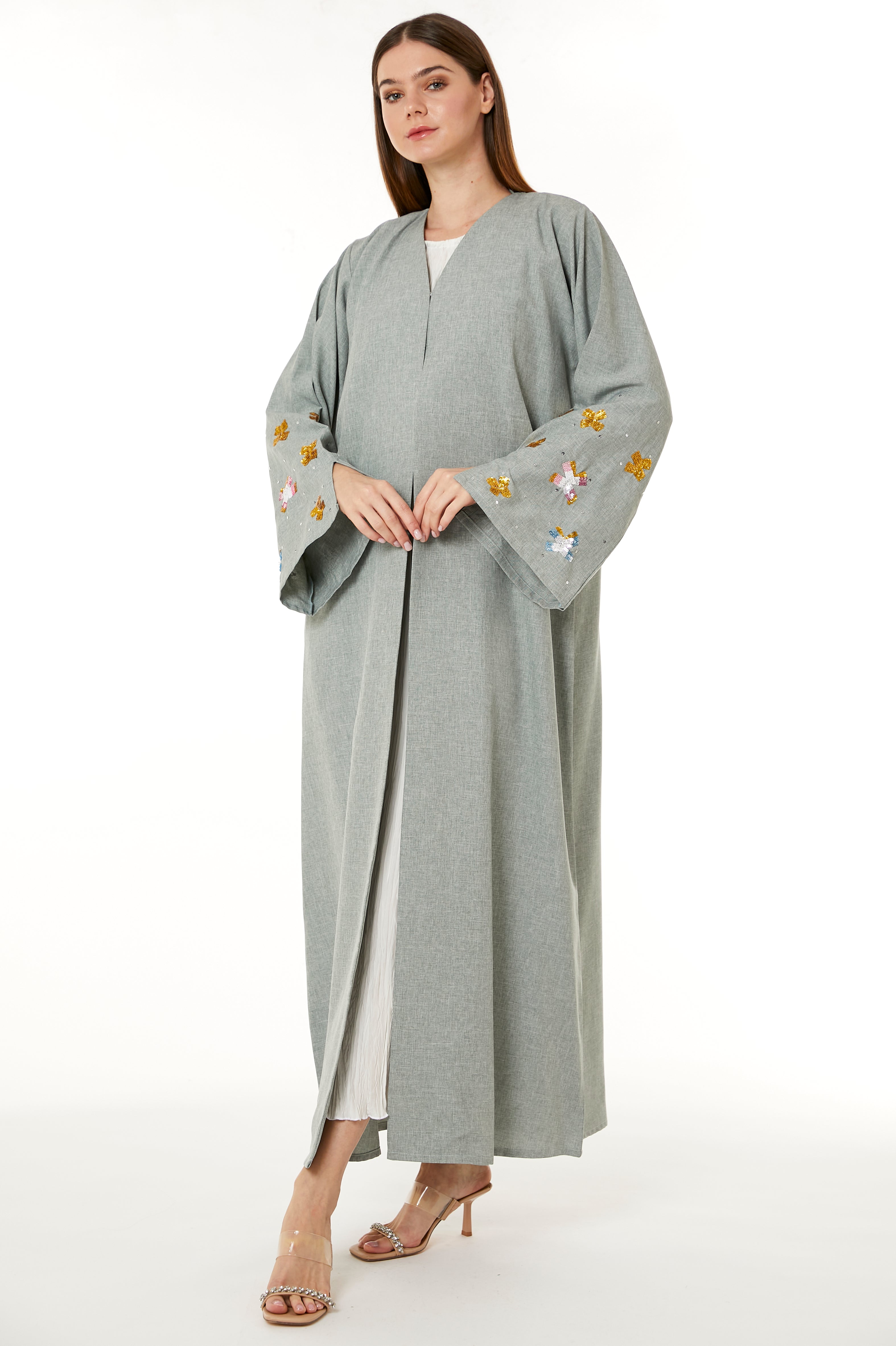 MOiSTREET Grey Melange Embroidered Abaya