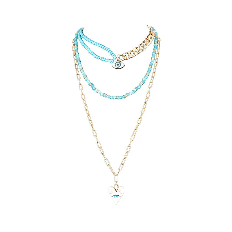 The Dark Layered Turquoise Necklace with Evil Eye Heart Pendant