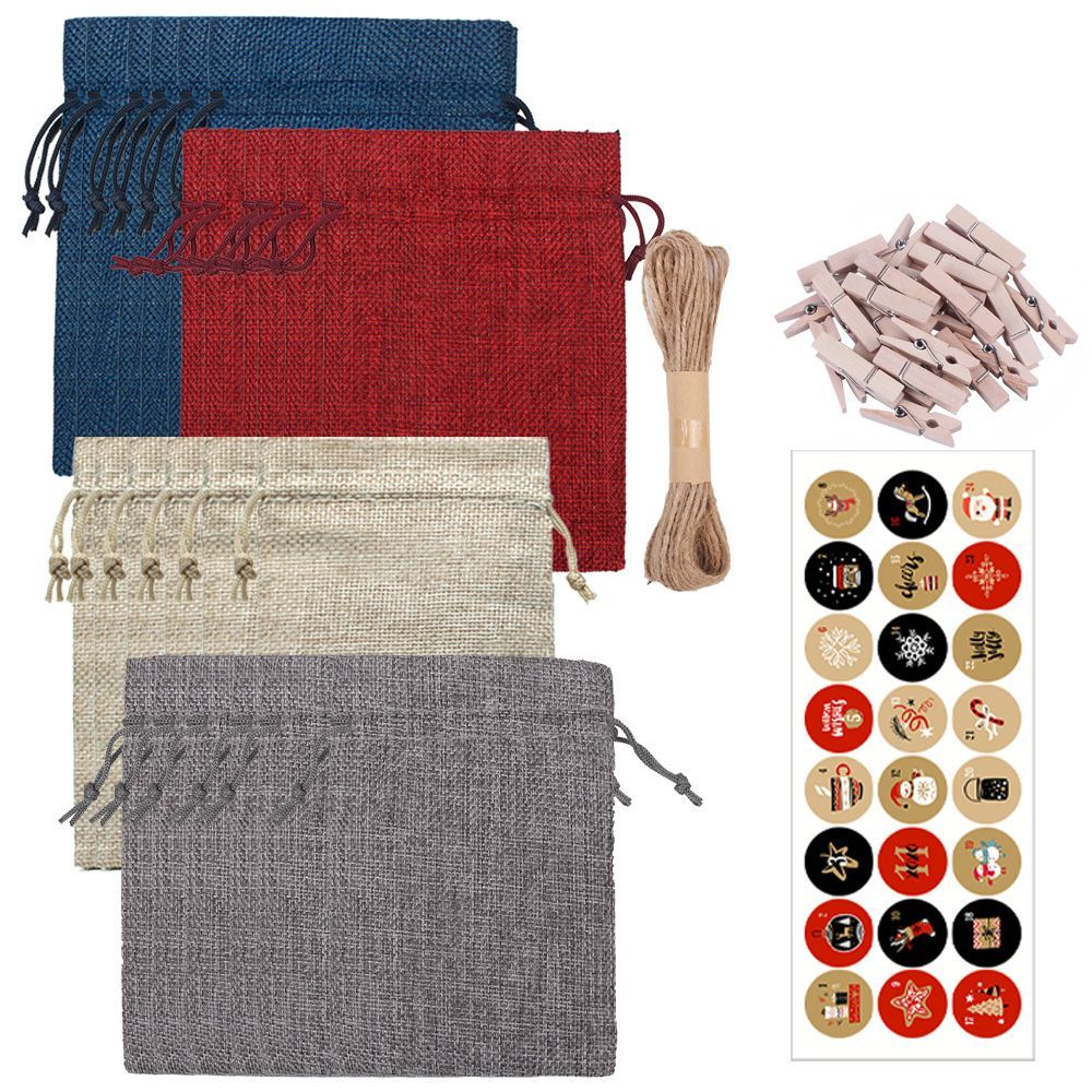 24 Days Advent Calendars Bags Christmas Drawstring Burlap Gift Bag DIY Xmas Decorations