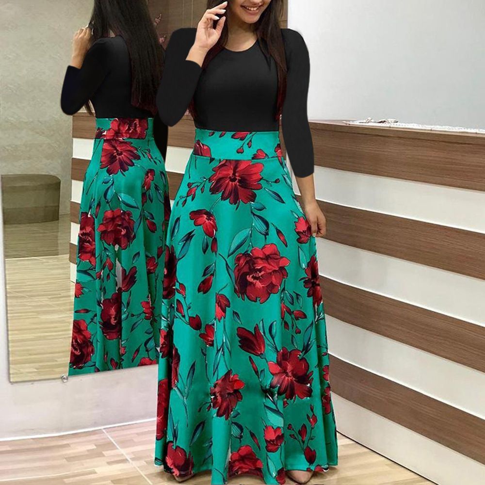 Spring And Summer Women's Floral Print Long-Sleeve Round Neck Long Dress