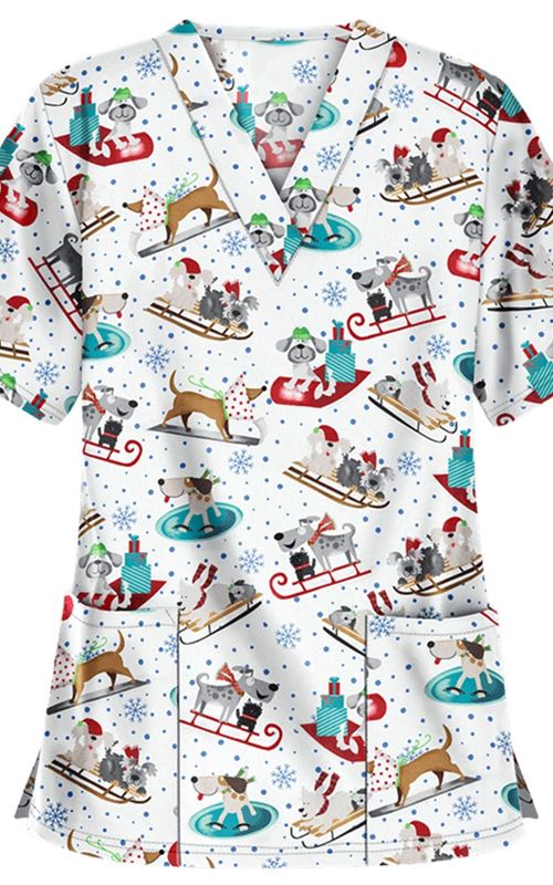 Christmas Nurse Uniform Women V neck Print T shirt Casual Short Sleeve Pocket Tops