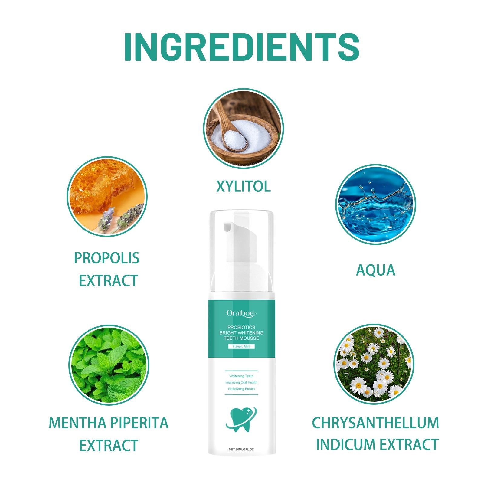 Bright Whitening Teeth Mousse with Probiotics, Oral Cleaning, Fresh Breath, Tartar Control ,60ml