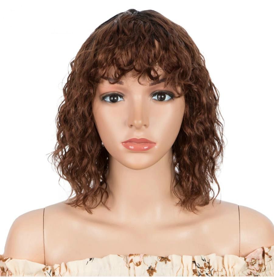 African Short Curly Synthetic Hair Wigs Womens Brazilian Wavy Brown Headgear Wig