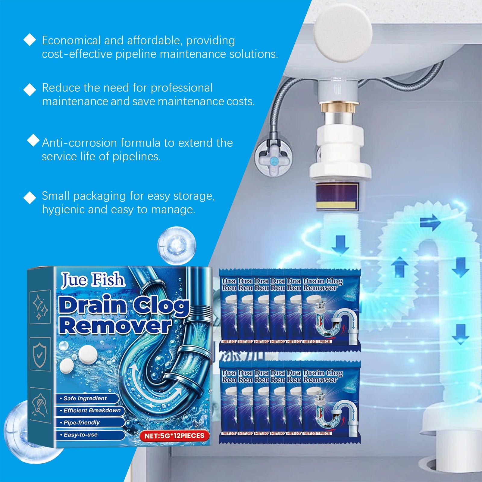 Effective Pipe Cleaning Tablets, Unclog Drains Fast, Deodorize, Kitchen, Toilet ,5g*12pieces