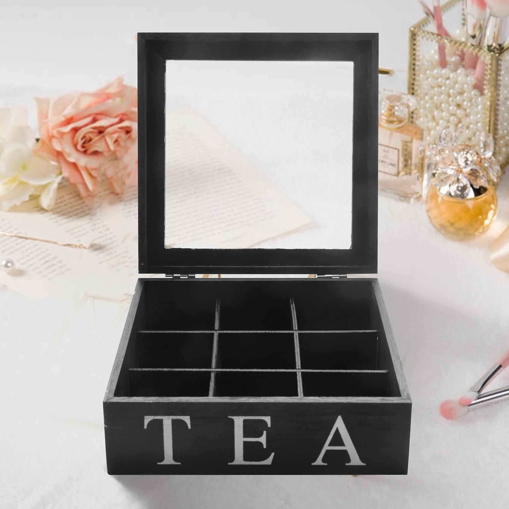 Wooden Tea Box With 9 Grid Storage And Transparent Lid