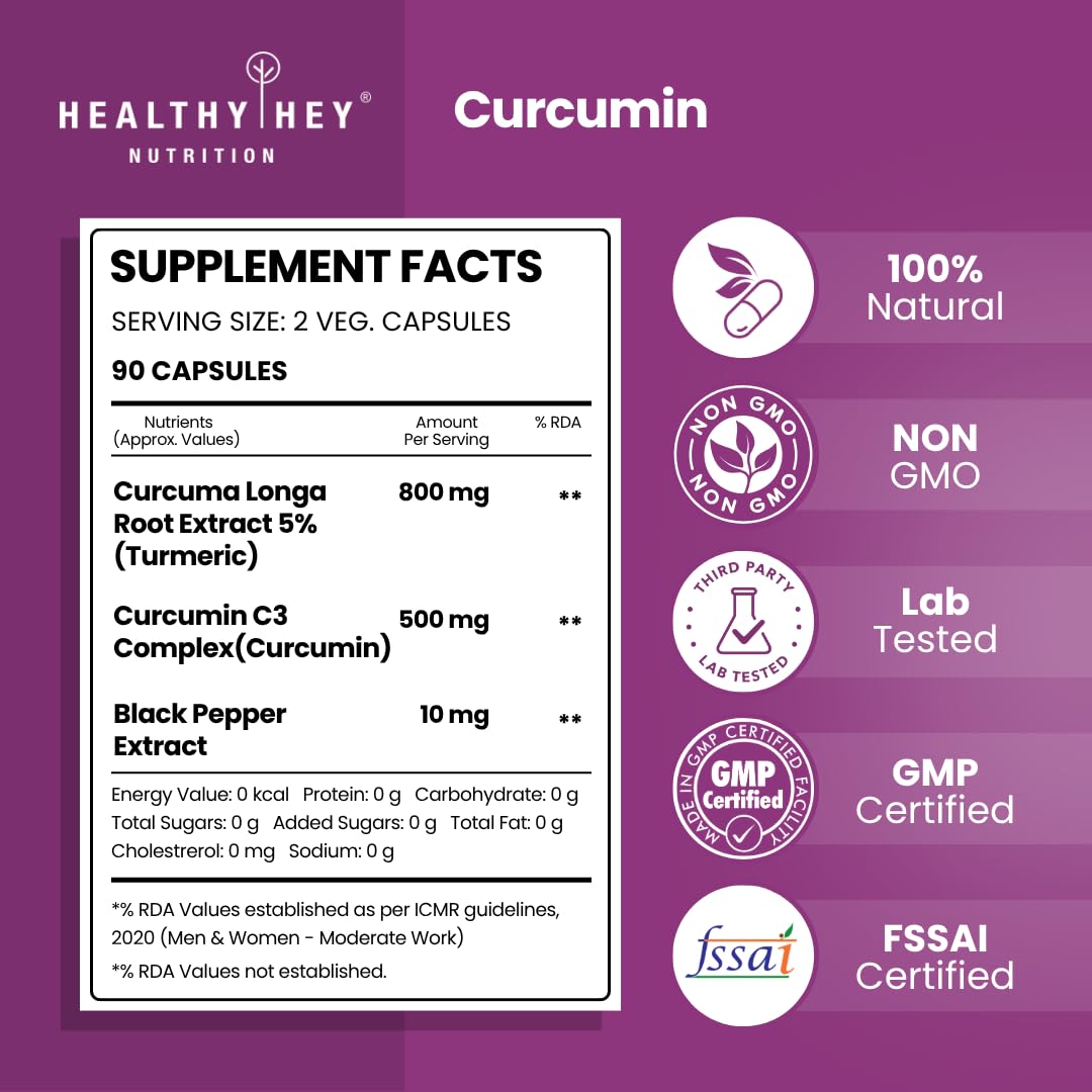 HealthyHeyCurcumin with Bioperine 1310mg (Ultra Pure) | Organic Turmeric, 90 Vegetable Capsules with Piperine