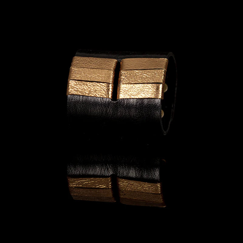 The Dark Two Tone Folded Leather Cuff Bracelet Black & Bronze