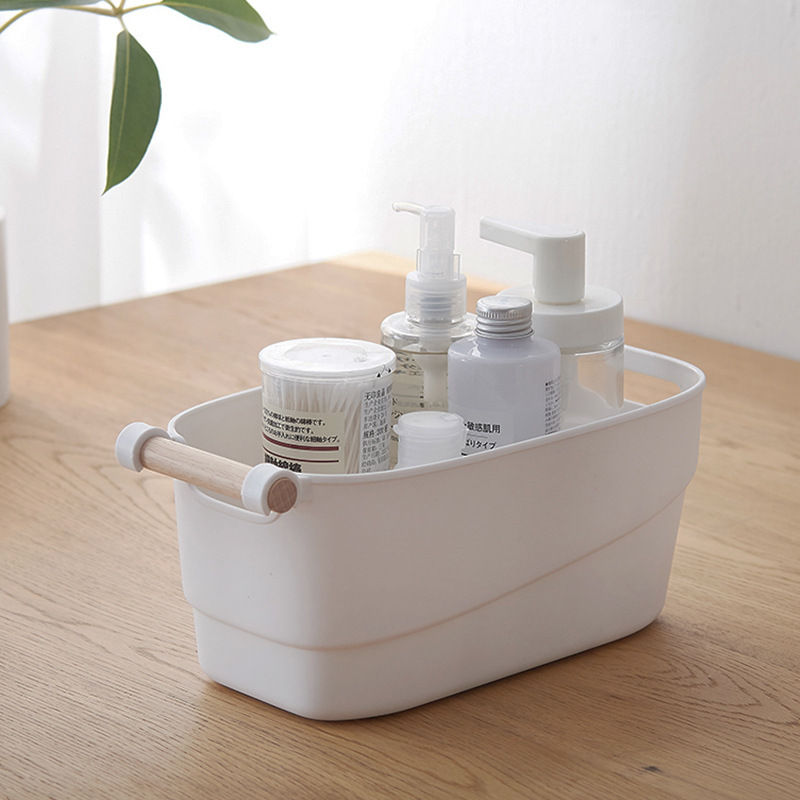 White Plastic Organizer Basket with Wood Handle - Small 3L