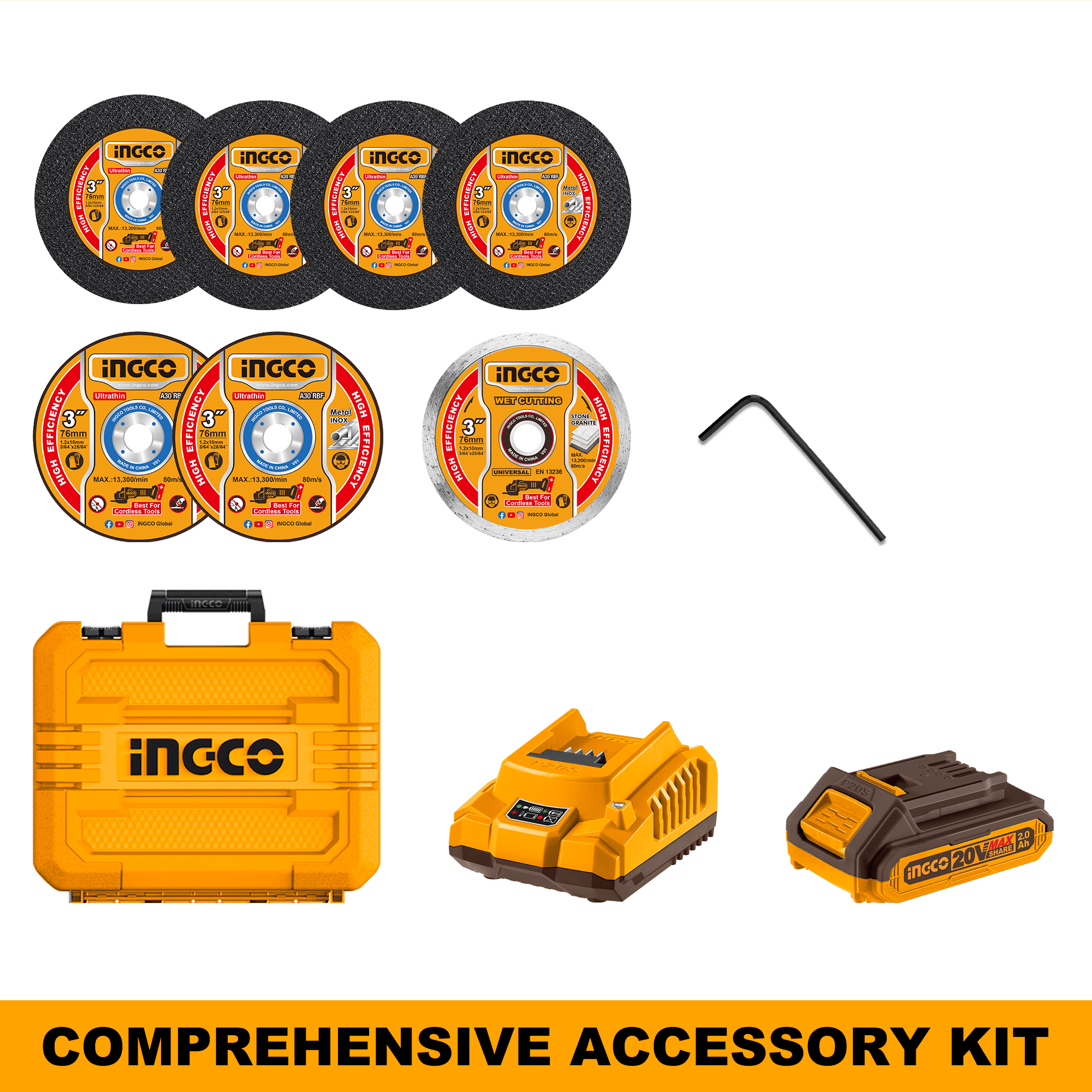 INGCO 20V Cordless Mini Cut-Off Tool Kit, 76 mm 3″ Discs, 19,500 RPM, 2.0Ah Battery, Charger & Carry Case
