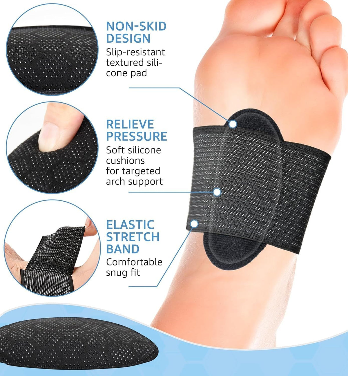 4 Pack Arch Support Cushions Elastic Foot Arch Brace with Silicone Pad for Plantar Fasciitis Relief