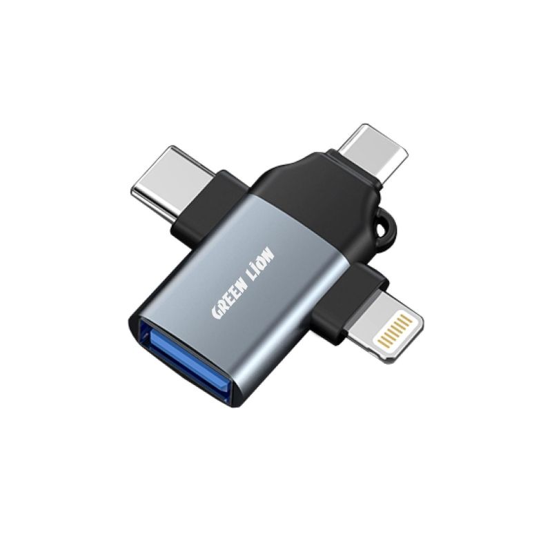 Green Lion 3-in-1 OTG Adapter (Lightning, Micro USB, Type-C) Fast Data Transfer, Gray
