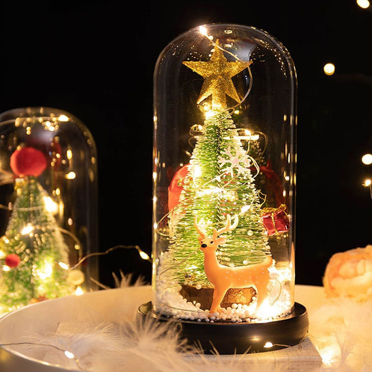 LED Christmas Tree In Glass Cover Tabletop Decoration Night Light Bedside Lamp Ornament